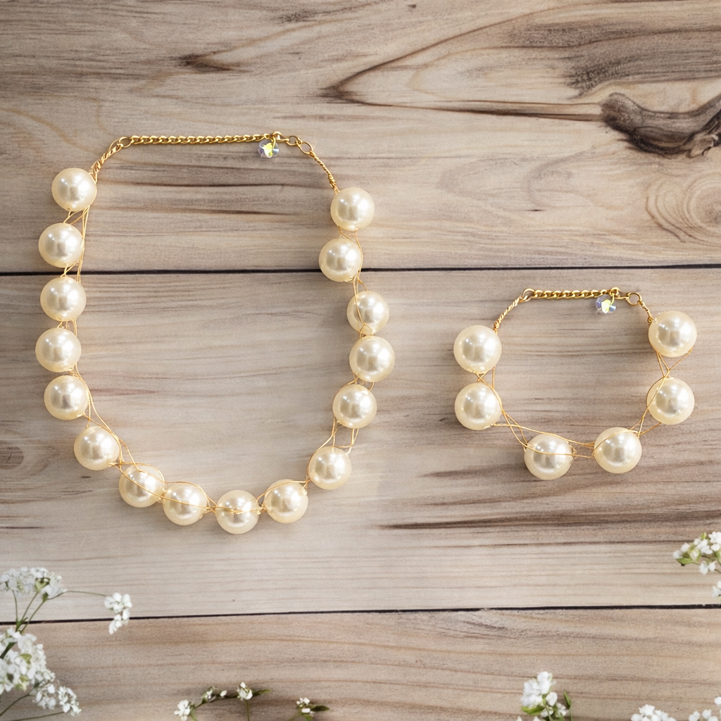 Pearl Style Bead Necklace & Bracelet Set