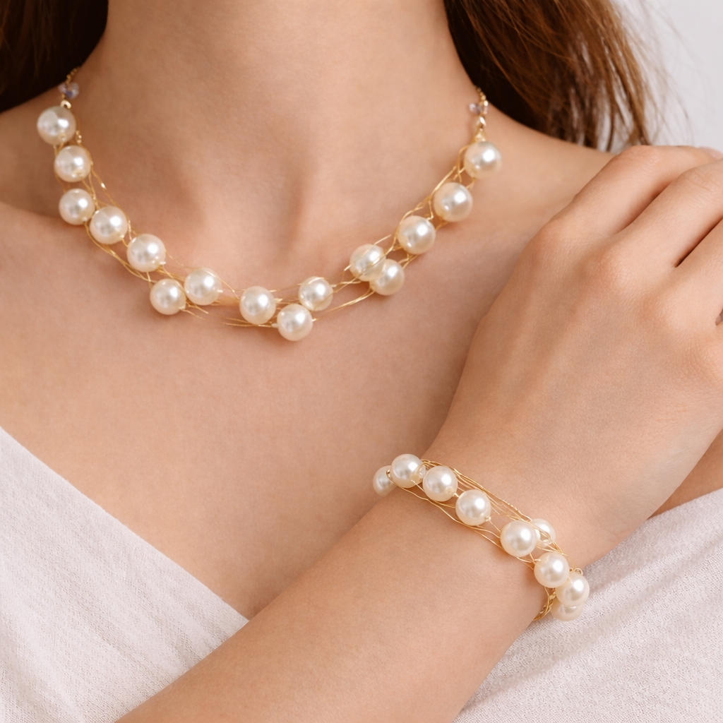 Pearl Style Bead Necklace & Bracelet Set