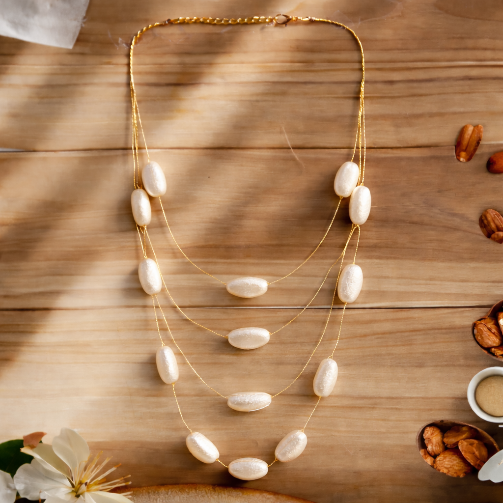 Multi Layer Oval Bead Long Necklace