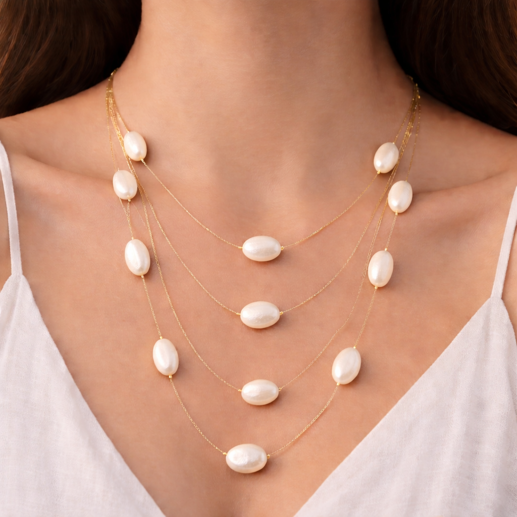 Multi Layer Oval Bead Long Necklace