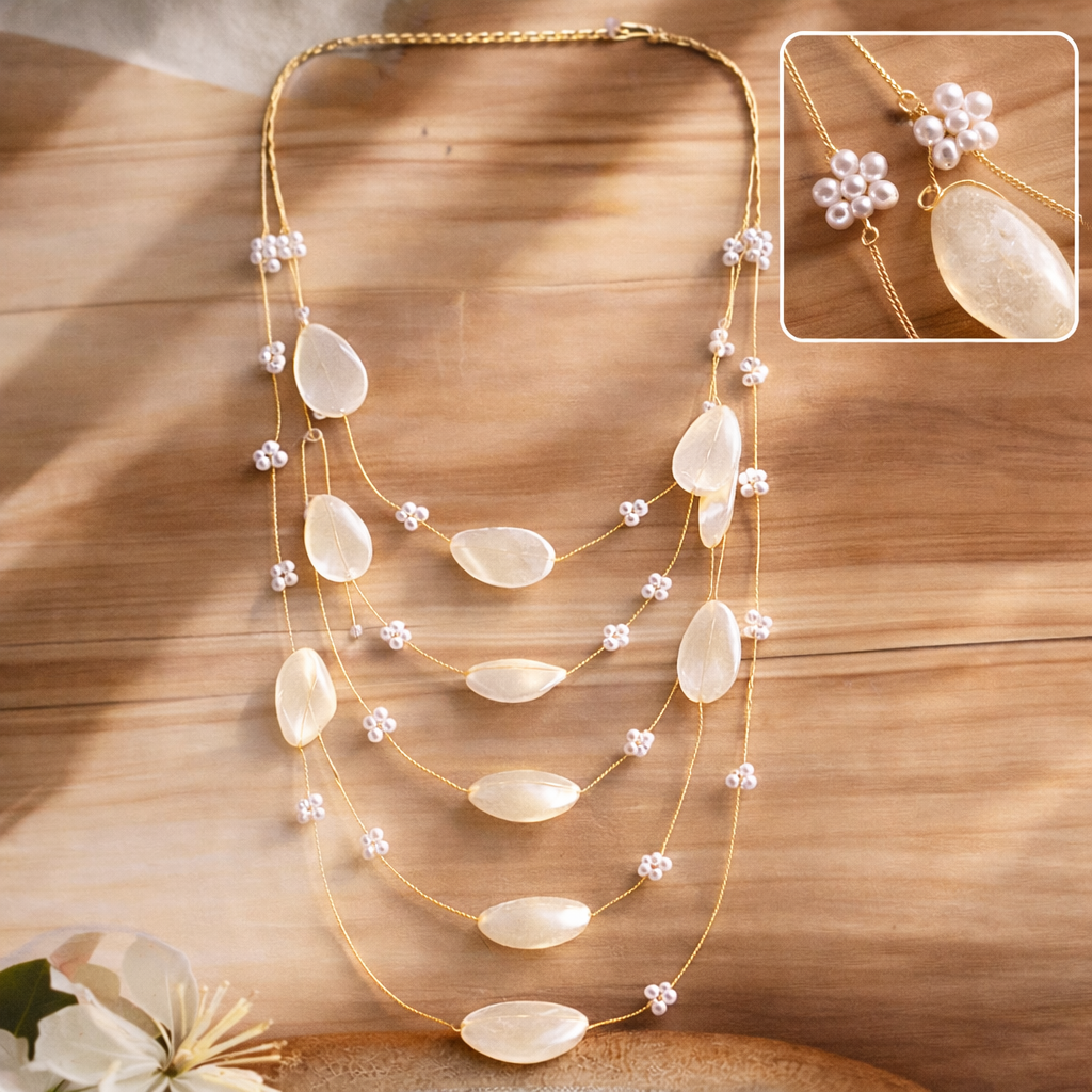 Multi Layer Oval Bead & Pearl Accent Necklace