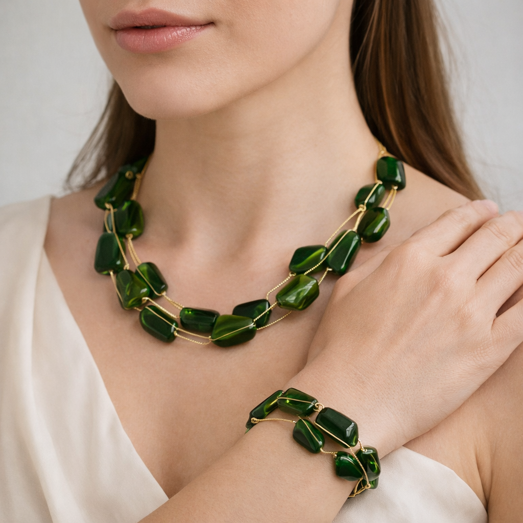 Stone Necklace and Bracelet Set for Women | Gold Tone Wire Wrapped Beaded Jewelry Set, Adjustable Chain, Fashion Accessory