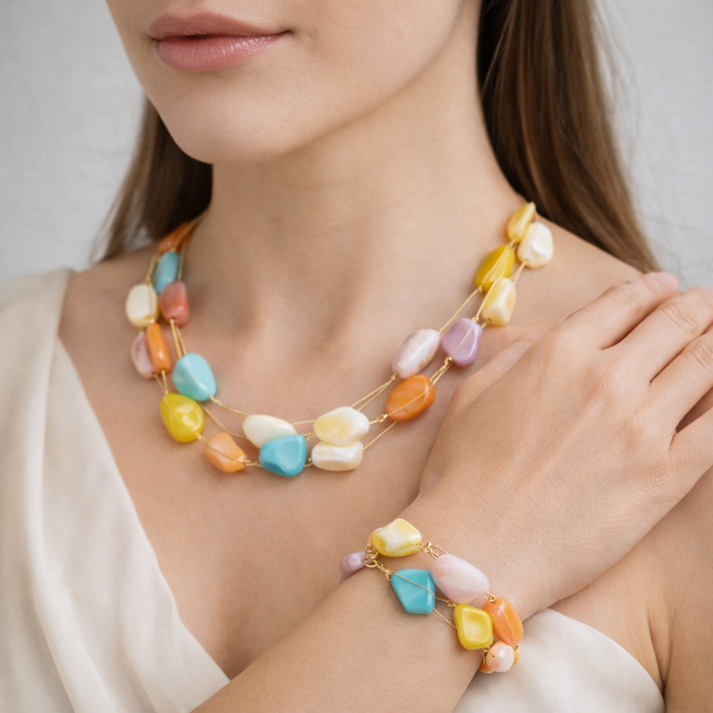 Stone Necklace and Bracelet Set for Women | Gold Tone Wire Wrapped Beaded Jewelry Set, Adjustable Chain, Fashion Accessory