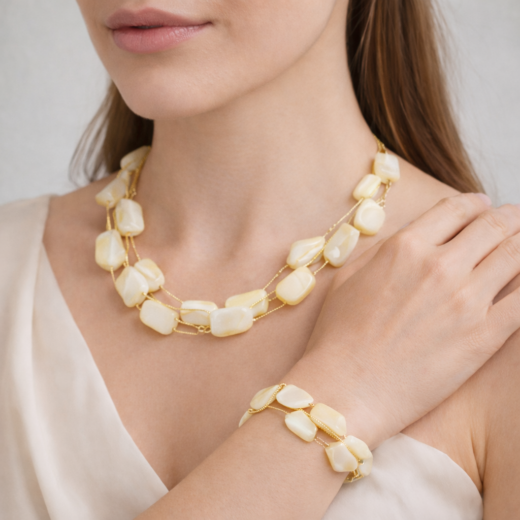 Stone Necklace and Bracelet Set for Women | Gold Tone Wire Wrapped Beaded Jewelry Set, Adjustable Chain, Fashion Accessory