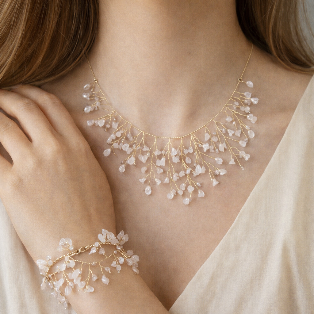 Fraagleam Elegant Gold-Plated Necklace & Bracelet Set with Crystal Drop Accents | Perfect for Weddings & Parties Jewelry